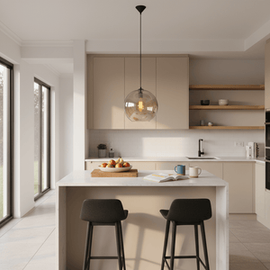 Amber large glass sphere pendant light hanging over a kitchen island