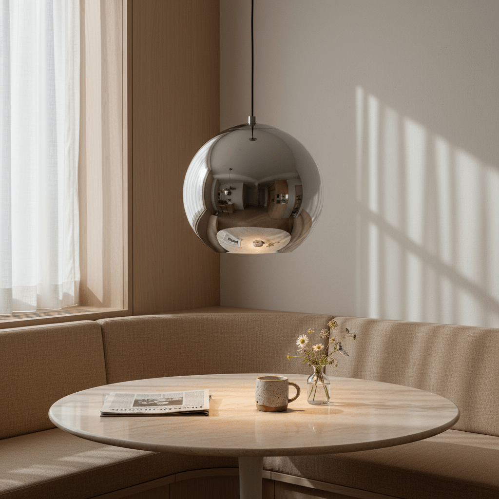 A large chrome pendant light hangs above a round table with a beige upholstered bench, a coffee cup, and a small vase of flowers.