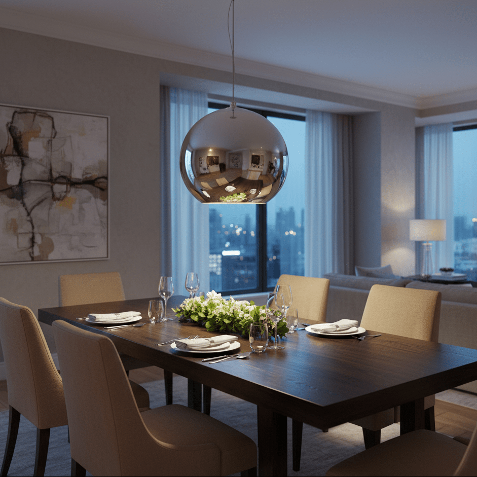 A large chrome pendant light hangs above a wooden dining table set with plates and glasses, surrounded by beige chairs.