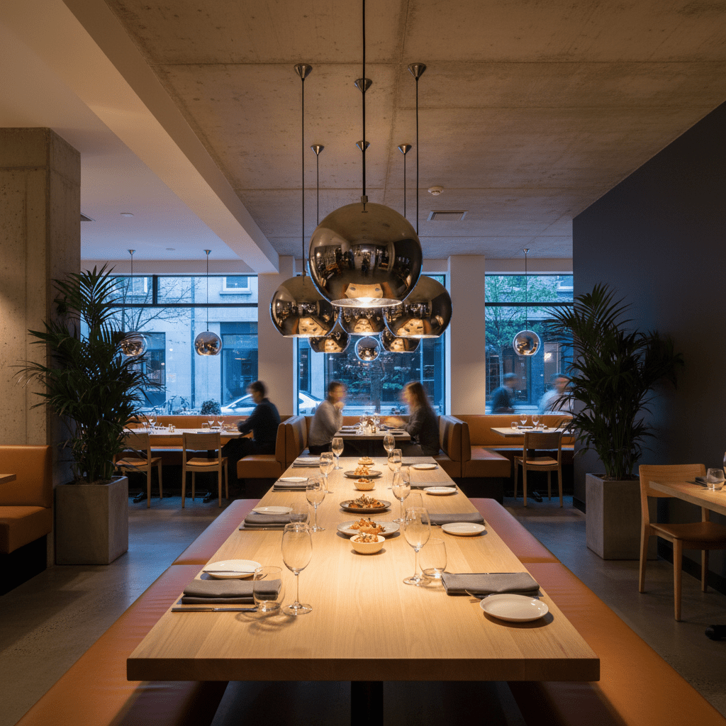 A large chrome pendant light hangs above a wooden dining table set with plates and glasses in a modern restaurant.