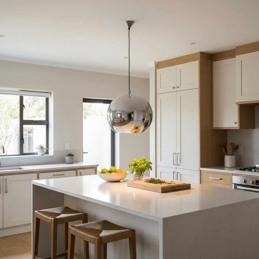 A large chrome pendant light hangs above a kitchen island with a wooden cutting board, bowl of fruit, and two woven stools.