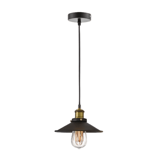Black conical pendant light with an exposed decorative bulb on a plain background