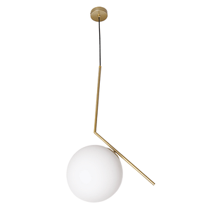 Contemporary pendant light with a frosted glass shade and satin gold finish, suspended from a ceiling.