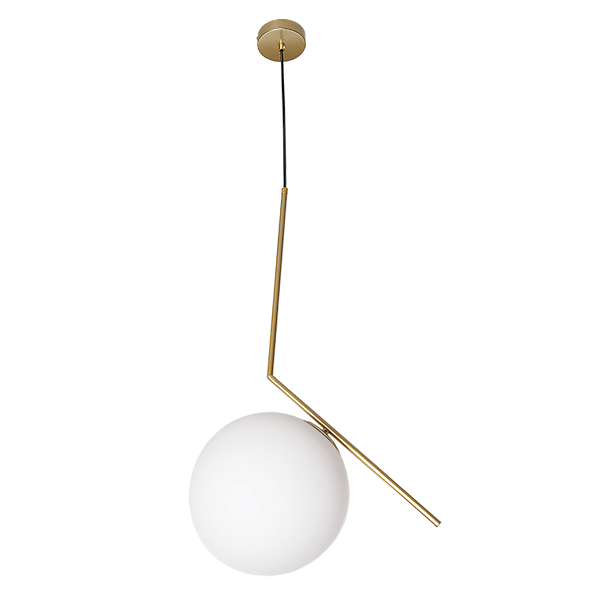 Contemporary pendant light with a frosted glass shade and satin gold finish, suspended from a ceiling.