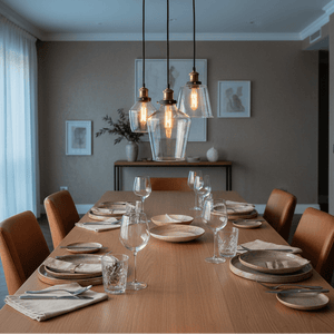 Three light antique brass and glass cluster pendant hanging over a set dining table in a modern dining room