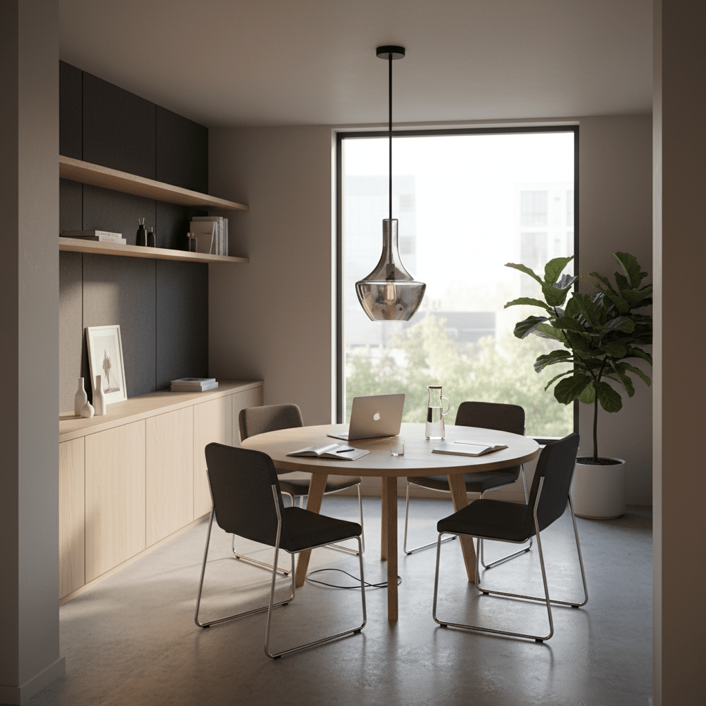 Smoke glass pendant light with black cord hangs over round wooden table, chairs, laptop and plant in bright interior.