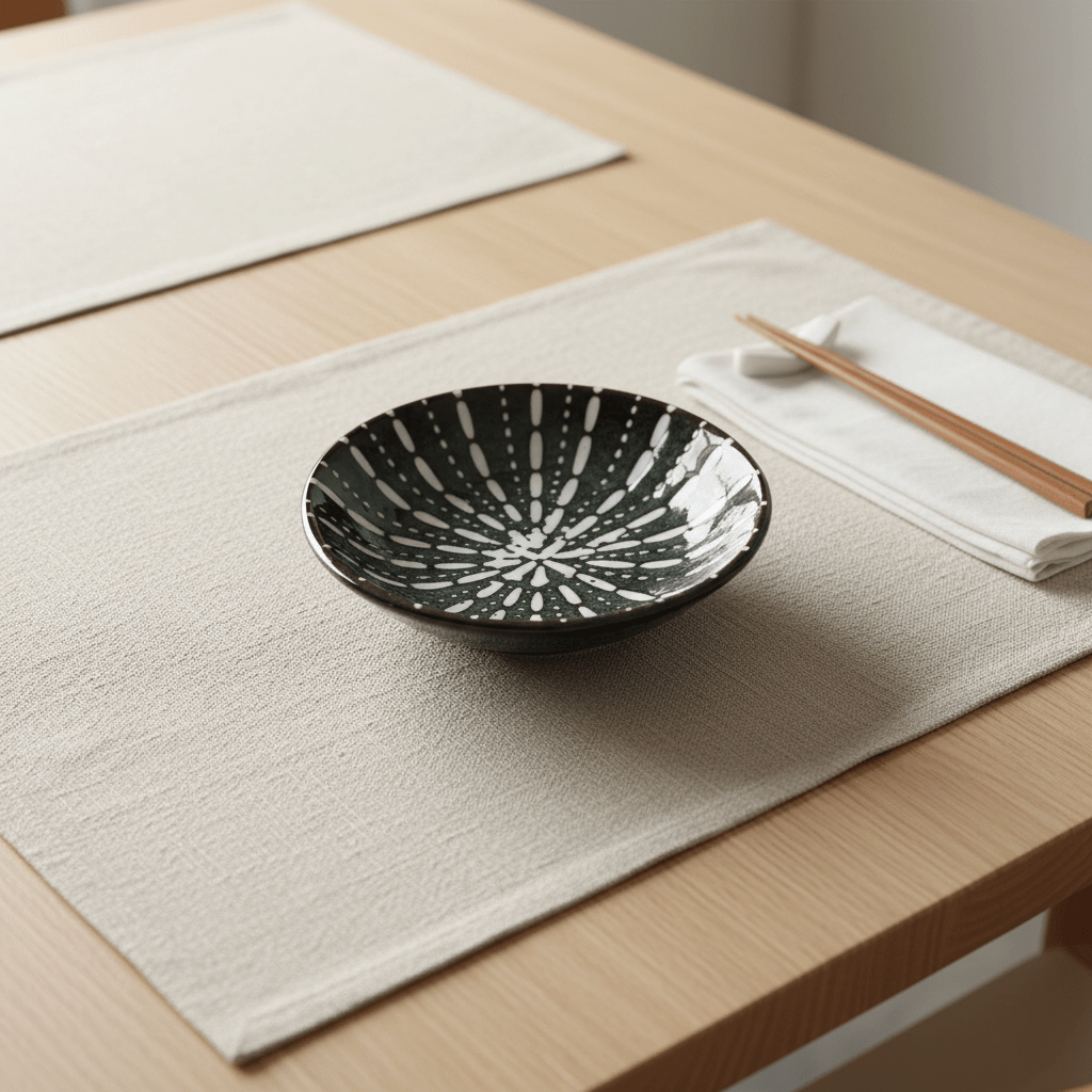 Ceramic flat bowl with a sea urchin design on a textured placemat, accompanied by chopsticks and a napkin.