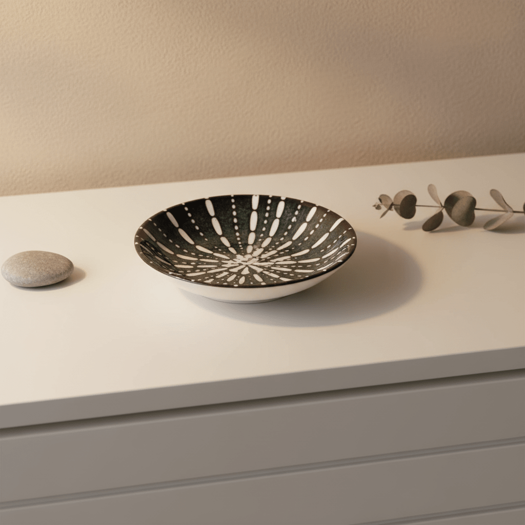 Ceramic flat bowl with a sea urchin design on a white surface, accompanied by a smooth stone and eucalyptus branch.