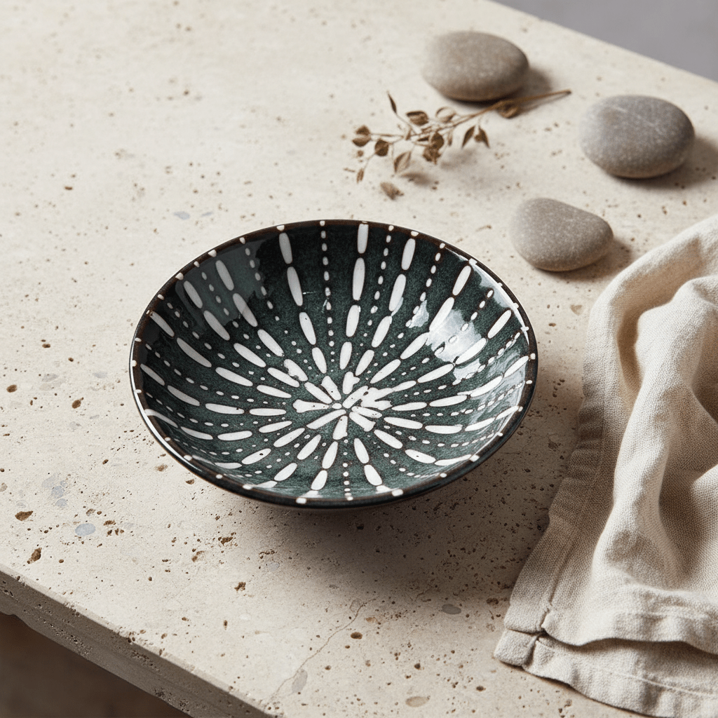 Ceramic flat bowl with a sea green sea urchin design on a textured surface, surrounded by pebbles and fabric.