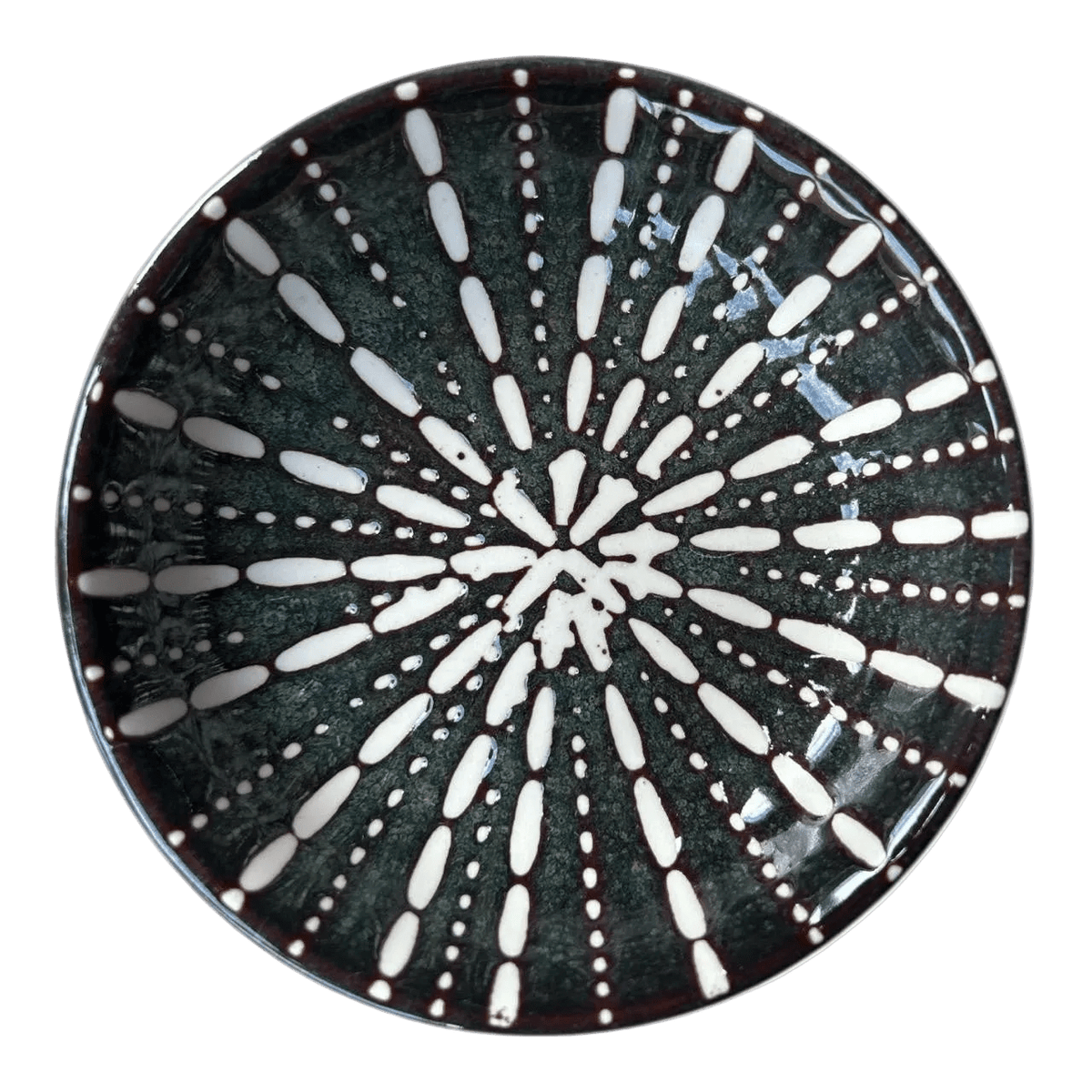 Ceramic flat bowl in sea green with a textured white sea urchin pattern, featuring a glossy finish.