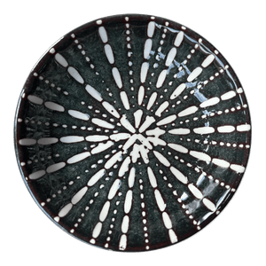 Ceramic flat bowl in sea green with a textured white sea urchin pattern, featuring a glossy finish.