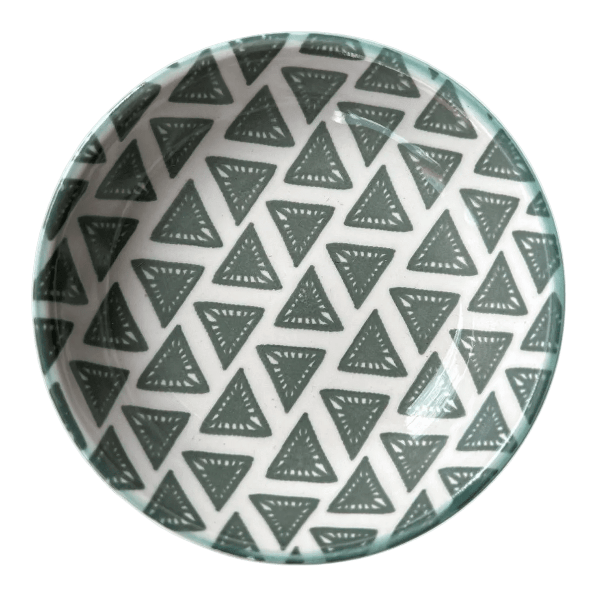 Ceramic flat bowl featuring a white interior with grey triangle patterns and a smooth, glossy finish.