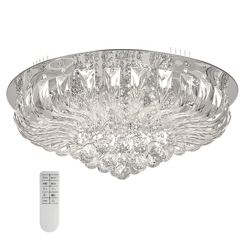 Chrome LED ceiling light with crystal accents and remote control, featuring a flush-mount design for indoor use.
