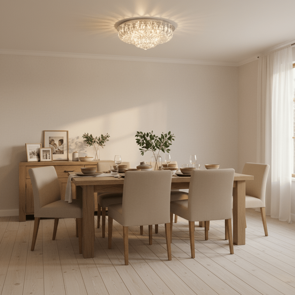Dining room with a wooden table set for dinner, featuring a chrome LED ceiling light with crystal accents illuminating the