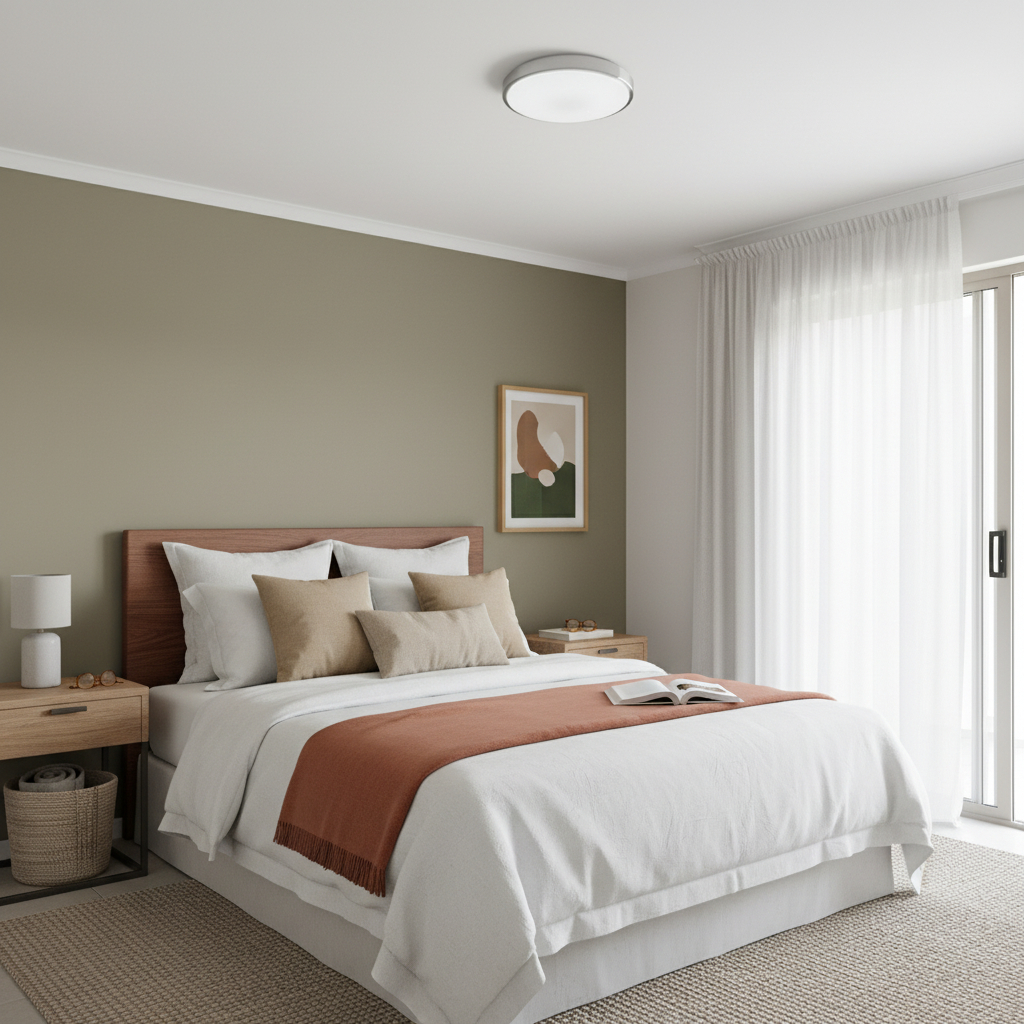 Stylish bedroom featuring a flush ceiling light, cozy bedding, and neutral decor.
