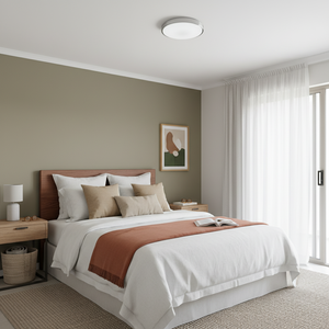 Stylish bedroom featuring a flush ceiling light, cozy bedding, and neutral decor.