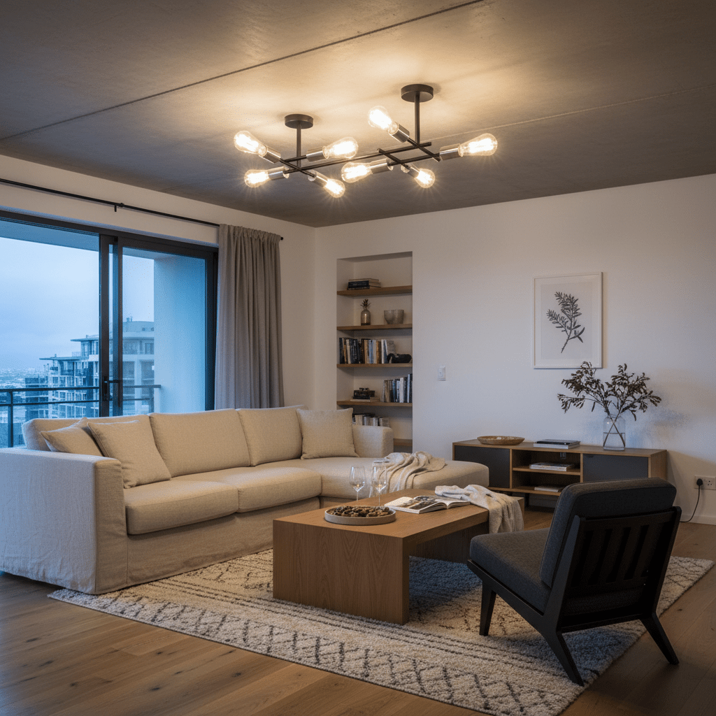 Modern living room featuring a stylish black and satin chrome ceiling light above a cozy seating area.