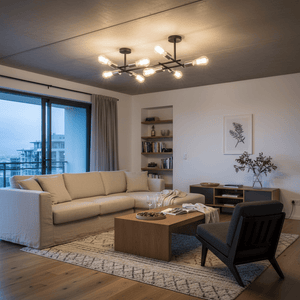 Modern living room featuring a stylish black and satin chrome ceiling light above a cozy seating area.