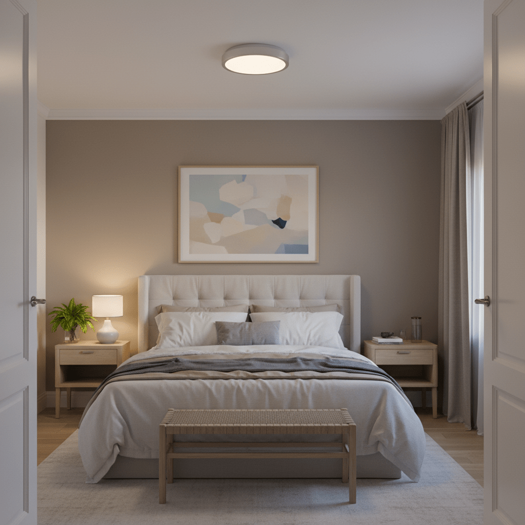 Bedroom with a flush ceiling light centered above a bed, featuring neutral tones, bedside tables, and a framed abstract