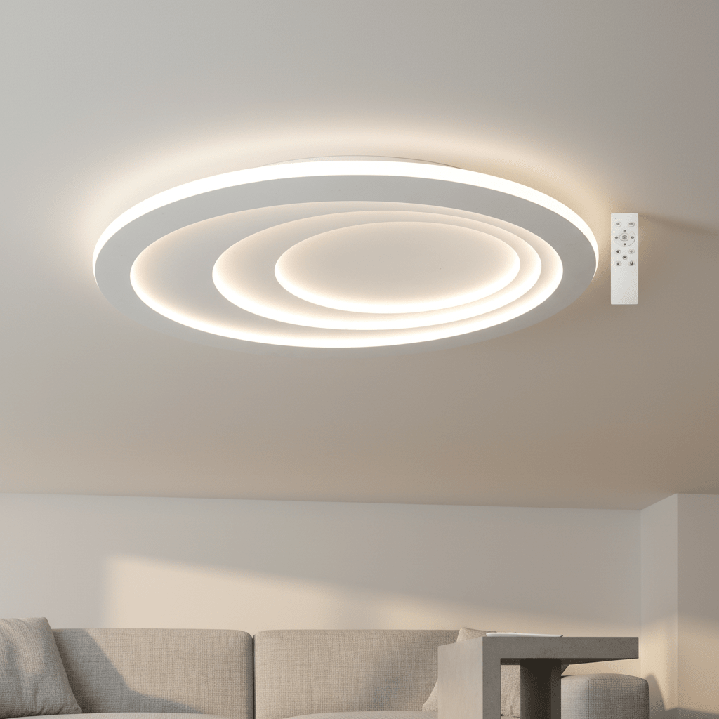 Modern flush ceiling light with concentric rings, illuminating a cozy living space with a remote control nearby.