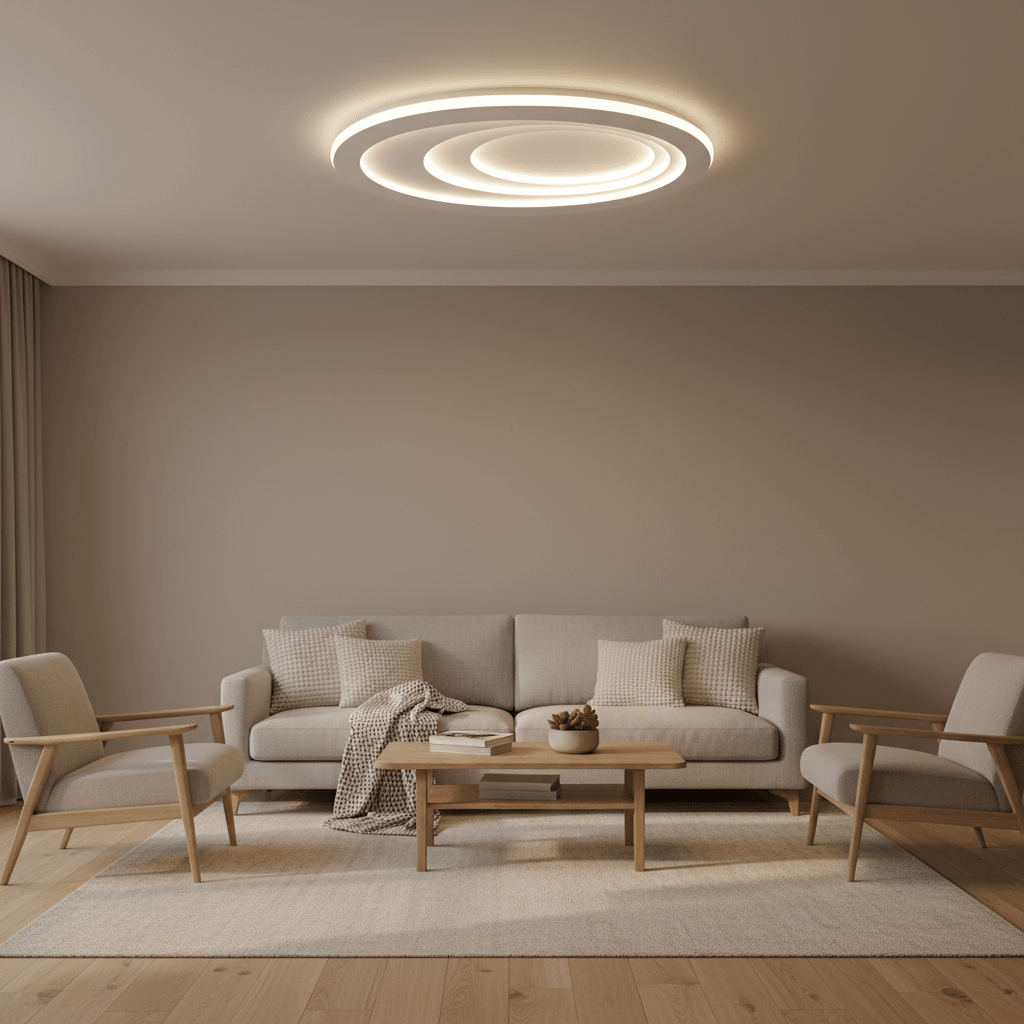 Modern flush ceiling light illuminating a cozy lounge with a sofa and armchairs.