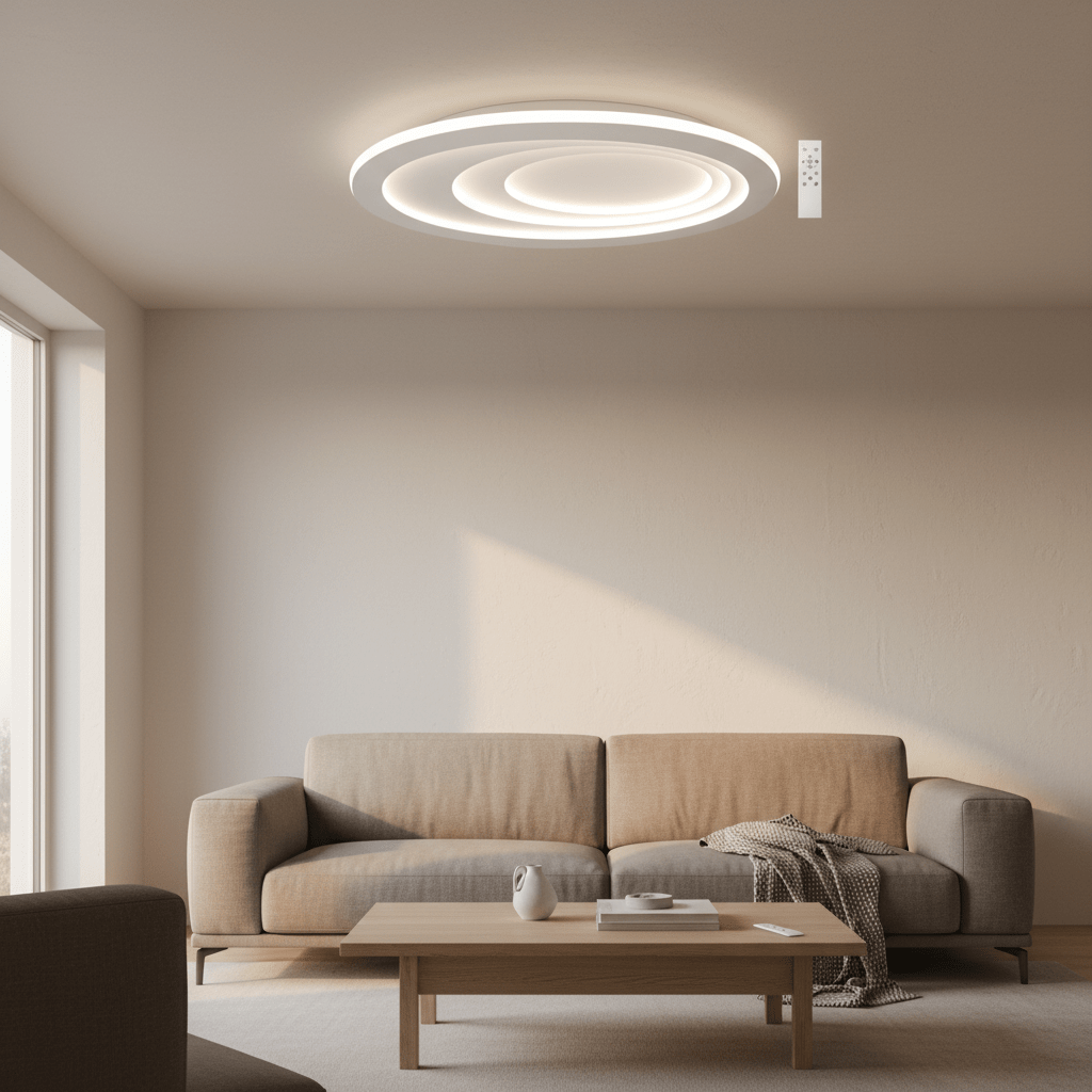 Modern flush ceiling light illuminating a cozy lounge with a sofa and coffee table.