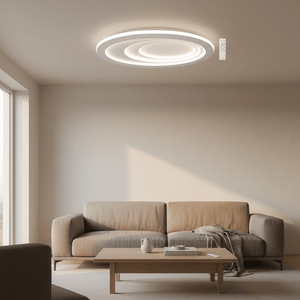 Modern flush ceiling light illuminating a cozy lounge with a sofa and coffee table.