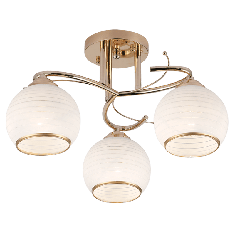 Gold patterned ceiling light fitting with three white glass shades and elegant design.