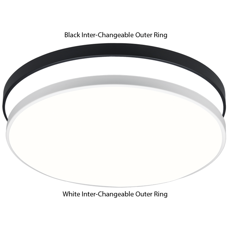 Circular flush ceiling light with 32W LED panel and interchangeable outer ring