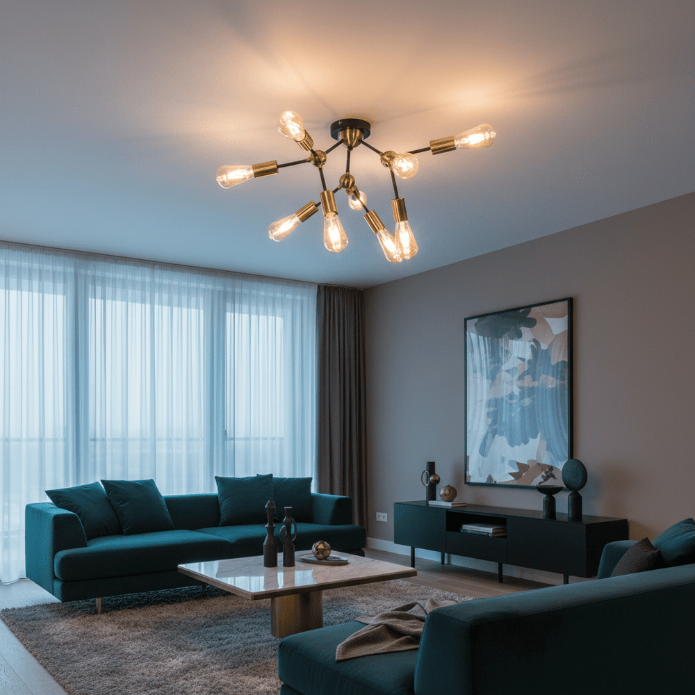 Stylish living room featuring a black and brass nine-light ceiling fixture, complemented by teal sofas and modern decor.