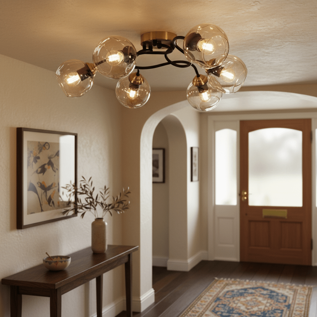 6 Light Antique Brass & Cognac Glass Ceiling Light
