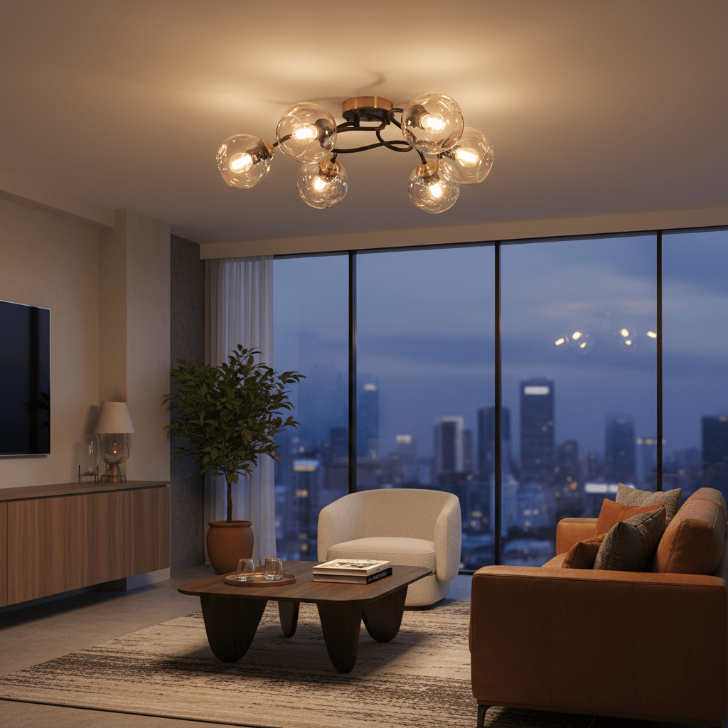 Modern living room with a 6-light antique brass ceiling fixture, cognac glass shades, and a cityscape view through large