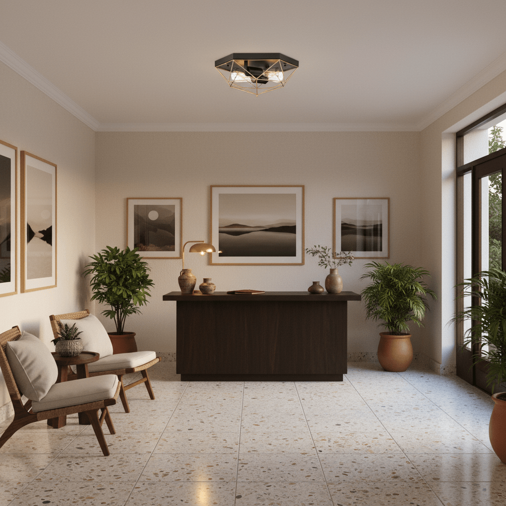 Stylish black-and-gold flush ceiling light illuminating a modern entrance hall with plants and artwork.