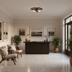Stylish black-and-gold flush ceiling light illuminating a modern entrance hall with plants and artwork.