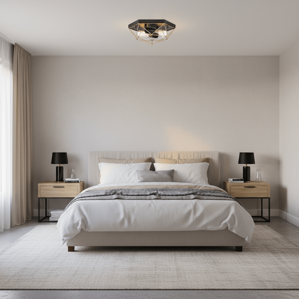 Stylish black and gold flush ceiling light illuminating a modern bedroom with a cozy bed and nightstands.