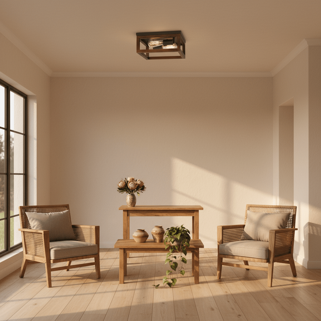 Stylish living room scene featuring Zizzu ceiling light above a wooden table and chairs, with natural light streaming in.