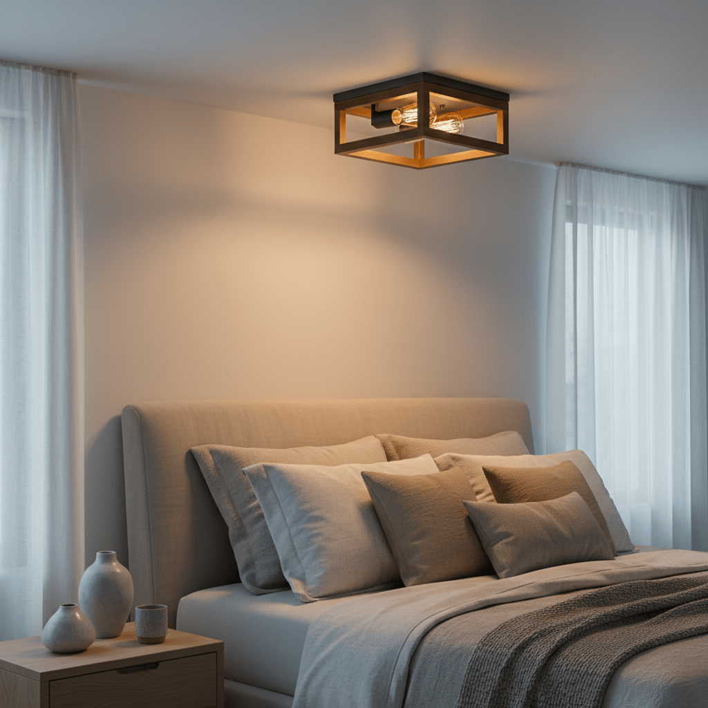 Zizzu Ceiling Light illuminating a cozy bedroom with soft bedding and decorative pillows.