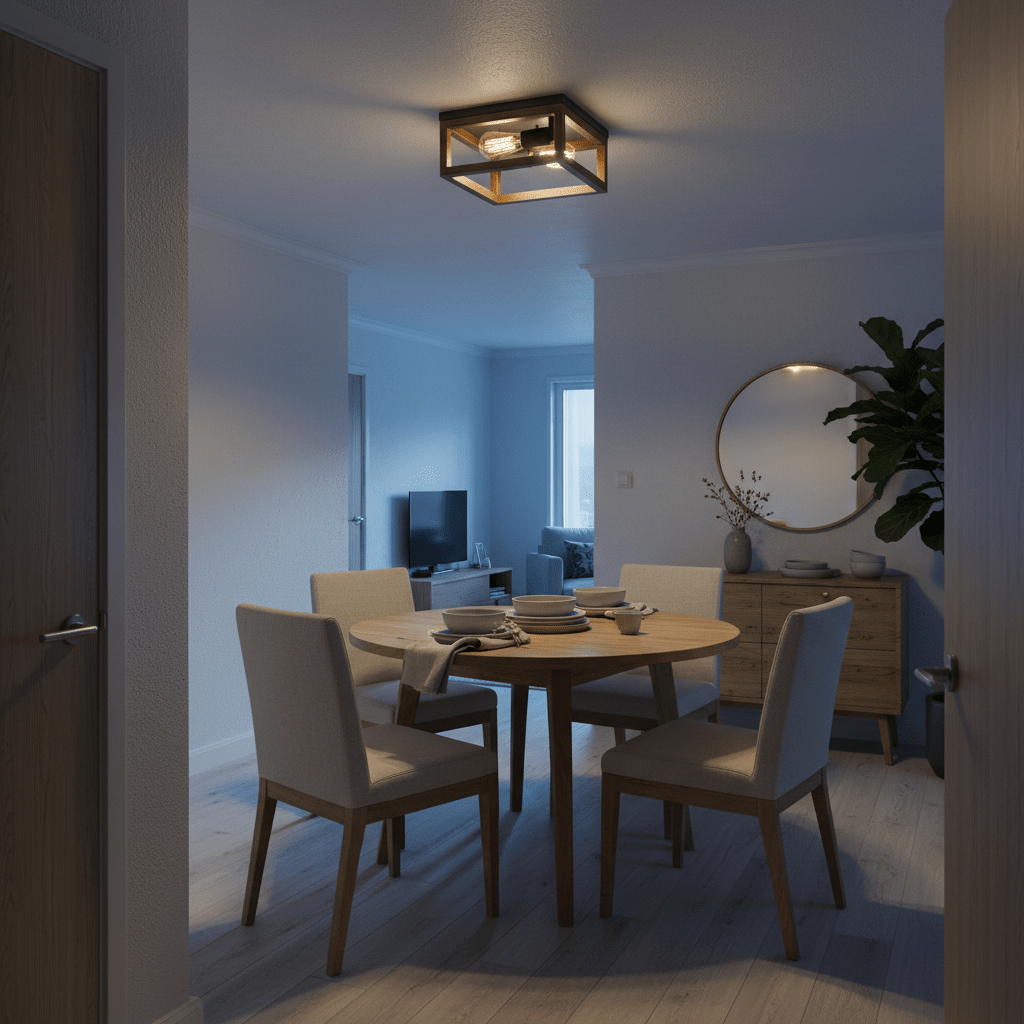 Zizzu Ceiling Light illuminating a dining area with a round wooden table and chairs, creating a warm ambiance.
