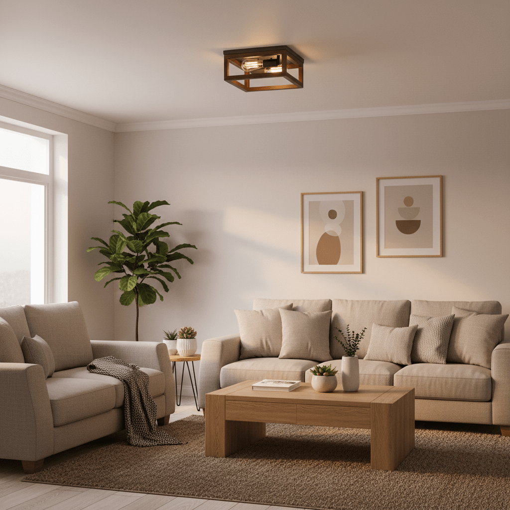 Zizzu Ceiling Light illuminating a cozy living room with neutral tones and plants.