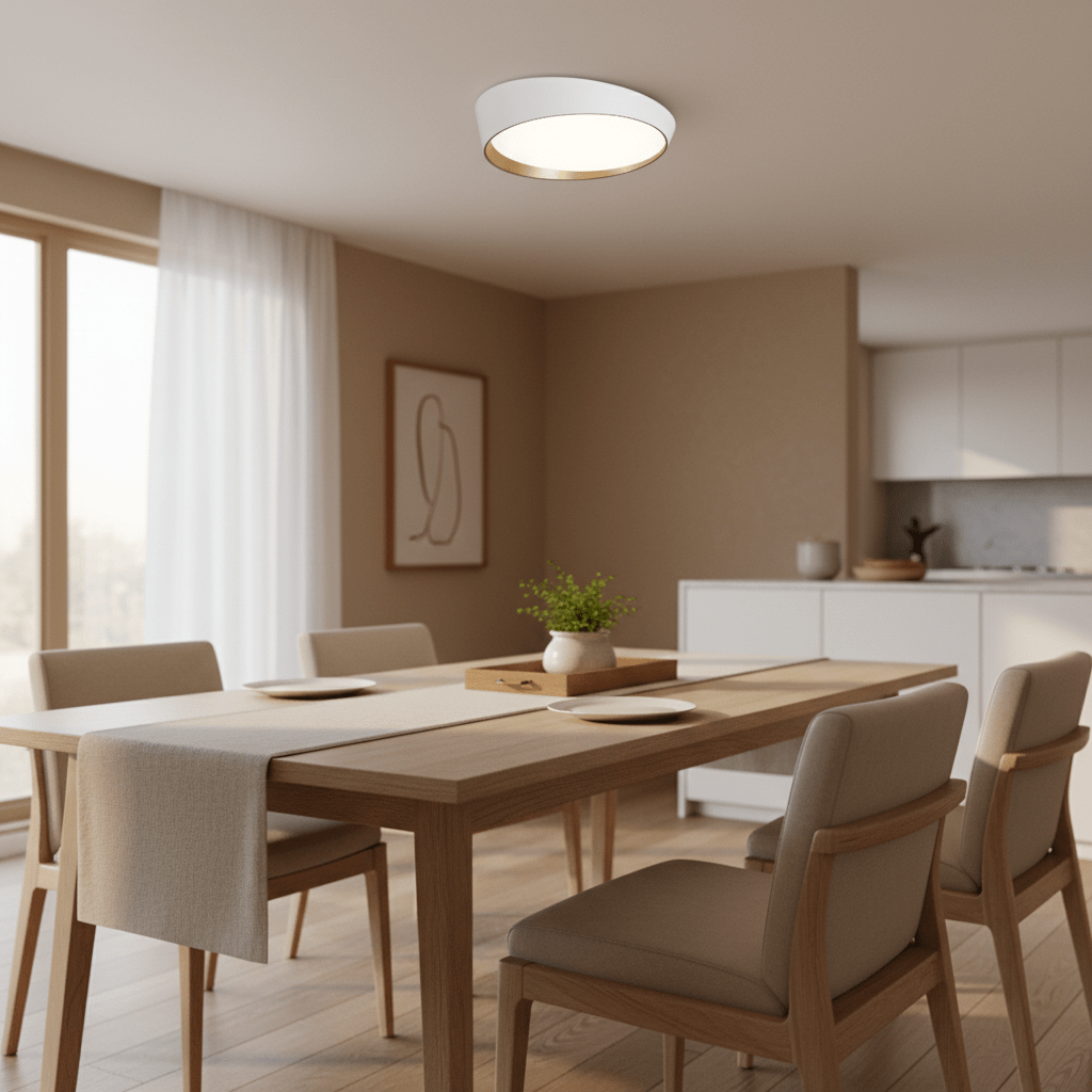 Modern white and copper flush ceiling light illuminating a dining area with wooden table and chairs.