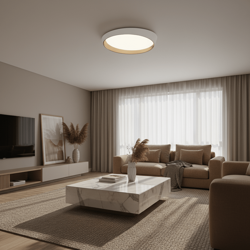 Modern white and copper LED ceiling light illuminating a cozy living room with neutral decor.