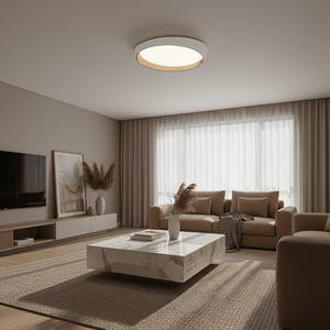Modern white and copper LED ceiling light illuminating a cozy living room with neutral decor.