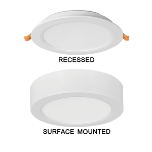 Two types of ceiling lights labeled 'Recessed' and 'Surface Mounted' on a white background.