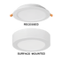 Two types of ceiling lights labeled 'Recessed' and 'Surface Mounted' on a white background.