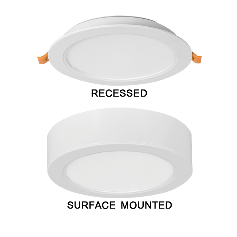 Two types of ceiling lights labeled 'Recessed' and 'Surface Mounted' on a white background.