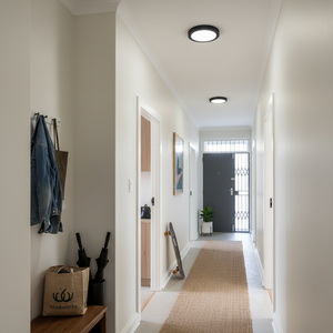 Modern black aluminium ceiling lights illuminating a stylish hallway with a skateboard and plants.