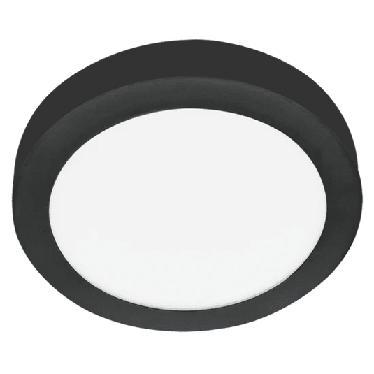 Black aluminium flush ceiling light with a round, white diffuser, designed for modern interiors.