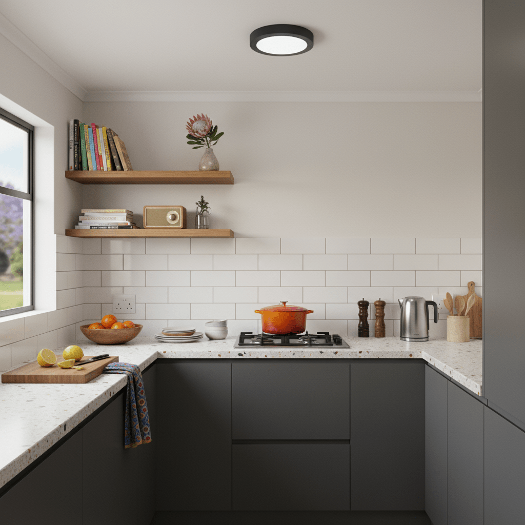 Modern black aluminium ceiling light illuminating a stylish kitchen with grey cabinets and wooden shelves.