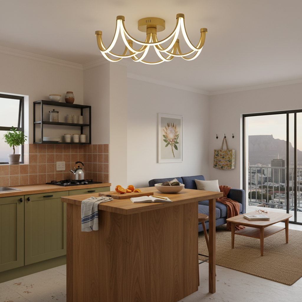 Matt gold LED ceiling light illuminating a modern kitchen and lounge area with stylish decor.