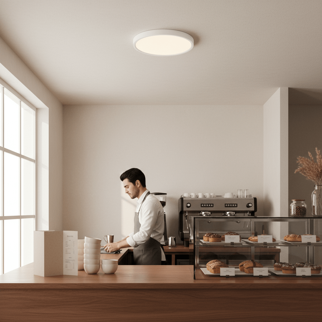 A modern café scene featuring an 18W LED ceiling light illuminating a barista at work.